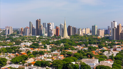 Aerial View of Maringa, Cathedral and downtown. Several buildings. Paraná, Brazil.