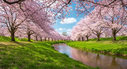 Obraz premium Riverbank Adorned with Cherry Blossoms in Full Bloom