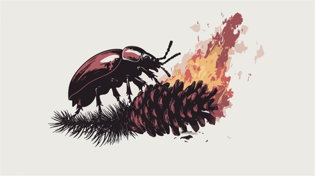 A stylized vector illustration depicts a beetle, primarily black with a red body section, positioned on a burning pinecone. The pinecone is rendered with shades of red and orange, indicating