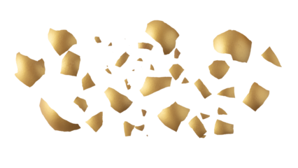 Golden chicken natural egg shell pieces flying on white background.