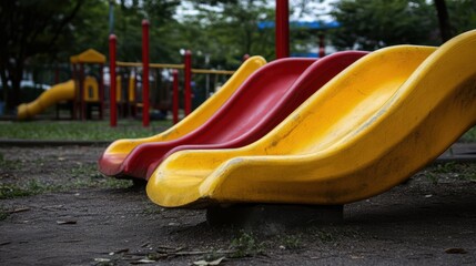 Worn slides in vivid colors on a playground evoke nostalgia in a deserted park setting, inviting memories of childhood play.
