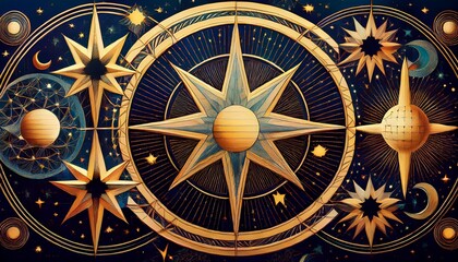 Fototapeta premium Celestial patterns featuring crescent moons, stars, and planets interwoven in a harmonious design, evoking a cosmic, dreamy atmosphere. 