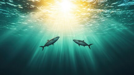 Obraz premium Tuna and mackerel swimming in a fastmoving current, realistic marine life, green screen