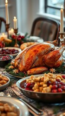  Elegant Holiday Feast with Roasted Turkey, Cranberry Sauce, and Stuffing on a Decorated Table