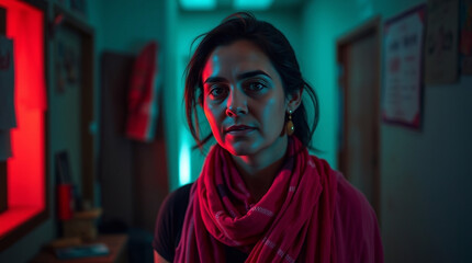 A photo depicting a person, woman or man, in a commonplace setting, bathed in warm terracotta and cool