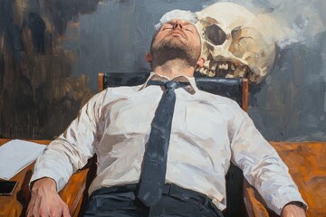 A contemplative man sits in an office chair, eyes closed, with a skull in the background, suggesting themes of mortality and introspection.