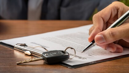 A person signs a contract with car keys on a wooden table, symbolizing a vehicle purchase or lease agreement.