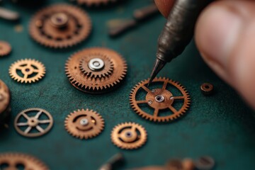 A close-up of a hand working on intricate copper gears, showcasing craftsmanship and precision in mechanical design.