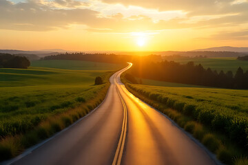 Sunset journey along winding road in green fields scenic landscape peaceful environment