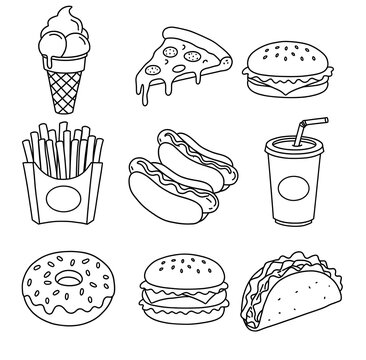 best-selling Fast-food icon set 1 black on white isolated black background, ice cream, hot dog, taco, burger, french fries, soda, milk shake, donut, pizza, coloring book 
