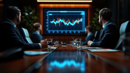Business executive discussing strategy, explaining financial data to the team, digital charts on large screen, corporate boardroom, ultra-detailed and realistic