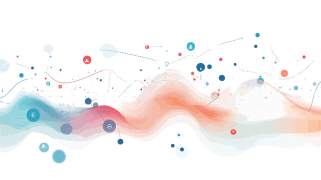 The image is a horizontal abstract composition featuring a white background overlaid with a network of thin, light grey lines connecting small dots and circles.  The dots and circles are primarily