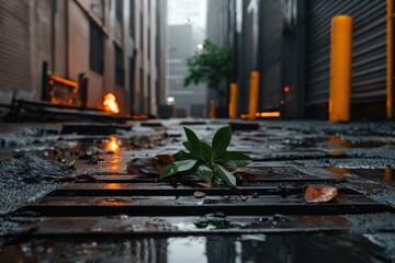 A solitary green plant emerges from a drain in a rainy alley, surrounded by urban textures and muted colors, symbolizing resilience in the city.