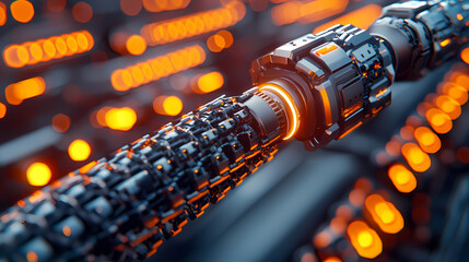 A close-up view of a futuristic mechanical component, showcasing intricate details and glowing orange accents against a dark background.