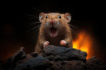 A close-up of a rat with its mouth open, set against a dark background with a hint of flames, creating an intense and dramatic atmosphere.