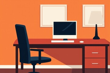 A modern office setup featuring an orange wall, a desk with a computer, a lamp, and a comfortable chair.