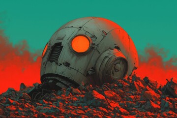 A futuristic robotic helmet rests on a colorful, rocky landscape, featuring bright orange accents against a vibrant turquoise background.