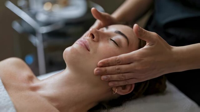 Woman receiving facial massage, beauty and wellness concept, for spa advertisements, beauty vlogs, and relaxation videos, close up view.