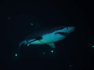Fototapeta premium Great White Shark Swimming in a Mysterious Dark Ocean with Bioluminescent Creatures
