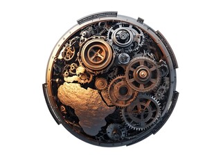 A mechanical Earth with gears and cogs turning inside, steampunk aesthetic. 3D animation, white background transparency.