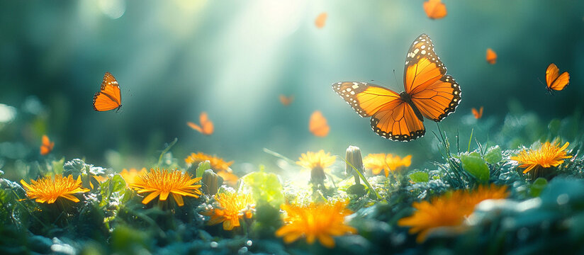 Fototapeta in the green grass, there is a close-up yellow dandelion flower and several butterflies flying around it