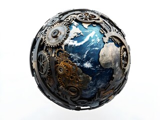 A mechanical Earth with gears and cogs turning inside, steampunk aesthetic. 3D animation, white background transparency.