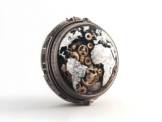 A mechanical Earth with gears and cogs turning inside, steampunk aesthetic. 3D animation, white background transparency.