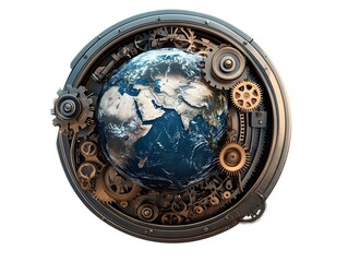 A mechanical Earth with gears and cogs turning inside, steampunk aesthetic. 3D animation, white background transparency.