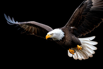 Obraz premium bald eagle soaring in sky, showcasing its majestic wings and striking features. This powerful bird symbolizes freedom and strength, capturing essence of nature beauty
