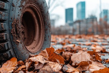 A close-up of a muddy tire surrounded by autumn leaves, with a cityscape in the background, capturing a blend of nature and urban life.