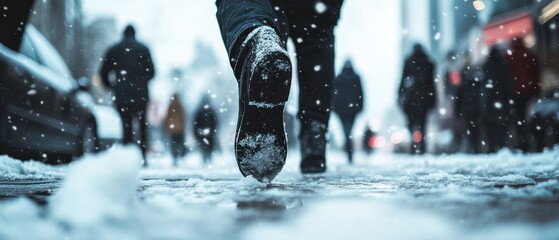 A person walking through a snowy city street, with blurred pedestrians and a soft snowfall creating a wintry atmosphere