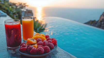 Healthy breakfast with fruit plate and juice by the pool overlooking the sea