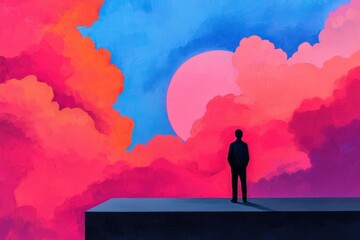 A silhouette stands on a ledge, gazing at a vibrant sunset filled with pink, blue, and orange clouds, evoking a sense of contemplation and wonder.
