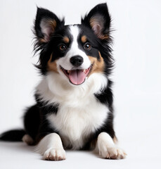 happy border collie sitting and looking at camera with joyful expression. dog has fluffy coat with black, white, and tan colors, showcasing its playful personality