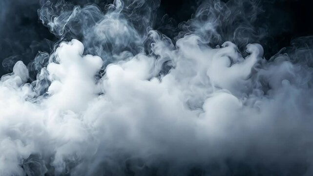 Mysterious swirling mist clouds rolling, dramatic atmospheric calming white smoke on black background, haze background
