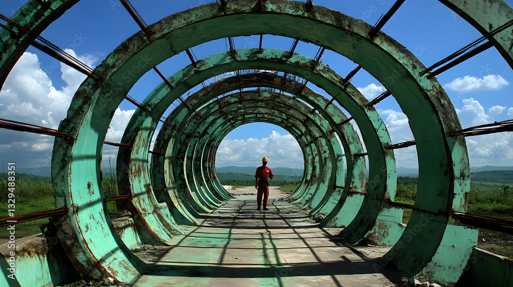 Poster person walking through a tunnel illustrating curvilinear implementations in an urban environment wit
