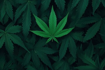 A vibrant green cannabis leaf stands out amidst a dense backdrop of darker green leaves, highlighting its unique shape and texture.