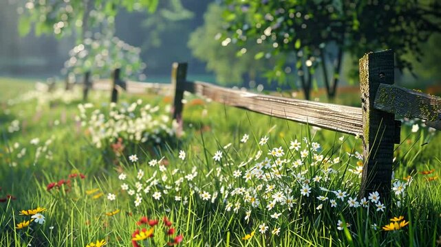 Bl&uuml;hende Wiese mit Blick auf einen Holzzaun