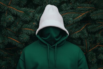 A figure in a green hoodie and white beanie stands against a backdrop of dense evergreen foliage, creating a mysterious and intriguing visual.