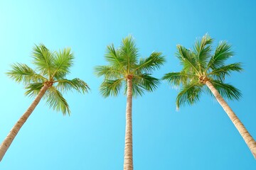 Looking Up at Three Palm Trees Against Clear Blue Sky