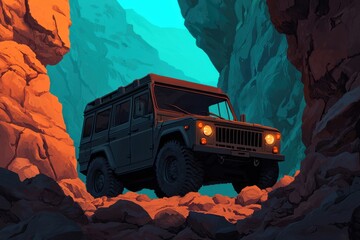 A rugged vehicle navigates a rocky canyon, surrounded by vibrant turquoise and orange hues, showcasing adventure and exploration.