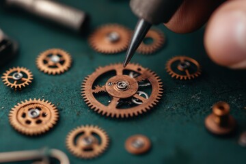 A close-up of a hand assembling intricate copper gears on a work surface, showcasing the precision of mechanical craftsmanship.