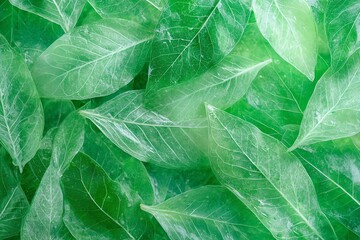 Fototapeta premium Fresh Green Leaves Close-up with Water Droplets and Bright Natural Lighting