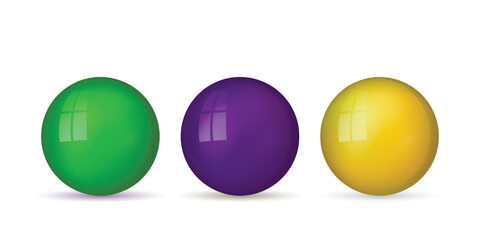 Set with glass colorful balls. Glossy realistic ball, 3D abstract vector illustration highlighted on a white background. Big metal bubble with shadow.