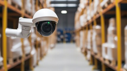 A security camera monitors a warehouse aisle filled with stacked boxes, ensuring safety and surveillance in the storage area.
