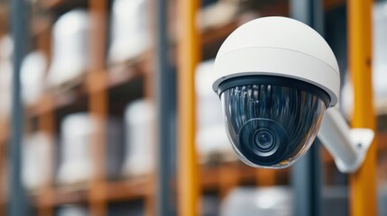 A security camera monitors a warehouse, ensuring safety and surveillance in a well-organized storage environment.