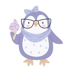 Cute purple penguin with a bow holding a purple ice cream. Summer illustration. Funny children's print.