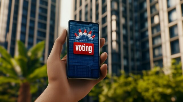 Sandy Hand Holding Smartphone with Pixel Art Voting Graphic and City Background - Powered by Adobe
