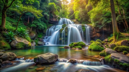 waterfall cascading down rocks into a serene forest stream, natural scenery