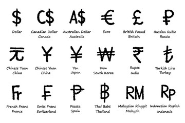 Hand drawn currency symbol set Dollar euro pound ruble yuan yen won rupee lira franc peseta baht ringgit rupiah